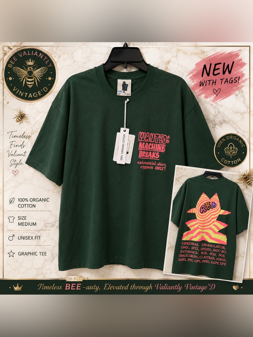 Wanted: Machine Breaks Organic Cotton Graphic Tee Green Pink Size Medium NWT
